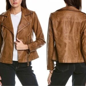 Max Studio NEW women's cognac faux leather moto jacket size medium